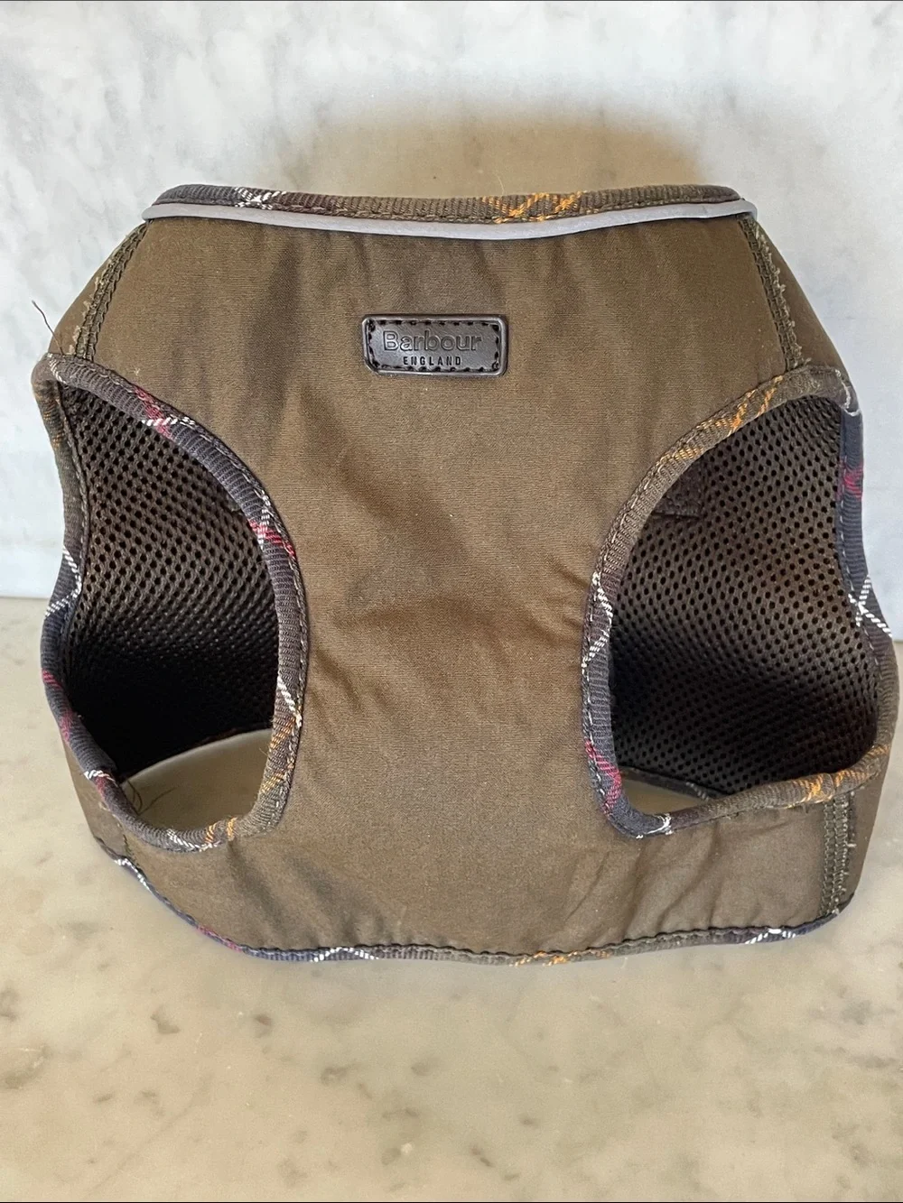 BARBOUR England Olive and Brown Dog Wax Step In Harness with Plaid Trim Large